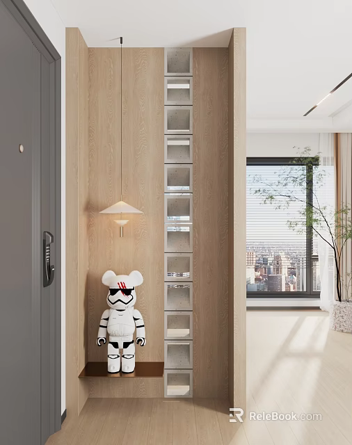 Modern Wooden Partition With Shelves Decorative Figurine Hanging Lamp And City View In Interior 3d model 