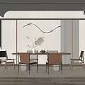 Modern Restaurant Interior With Round Dining Table Wavy Pendant Light And Striped Wall 3d model