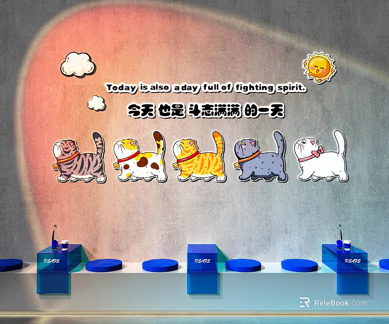 Wall Decor With Colorful Cartoon Cats Inspirational Text Cloud Sun Elements 3d model