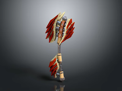 3D Modeled Weapon With Red Decorative Blades Wooden Handle And Metal Parts 3d model
