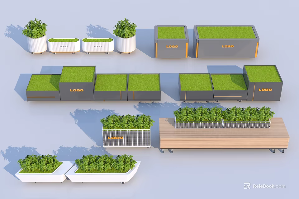 Outdoor Decorative Planter Boxes With Green Plants And Logo Designs 3d model 