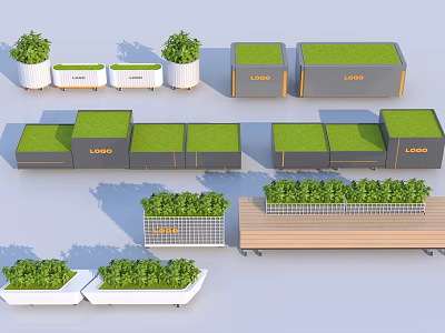 Outdoor Decorative Planter Boxes With Green Plants And Logo Designs 3d model