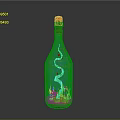 Decorative Glass Bottle With Orange Cork Golden Frame Green Plants Purple Flowers And Seashells
