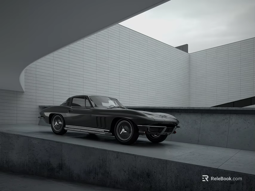 Black Sports Car Parked In Front Of Modern Building With White Wall And Concrete Platform 3d model 