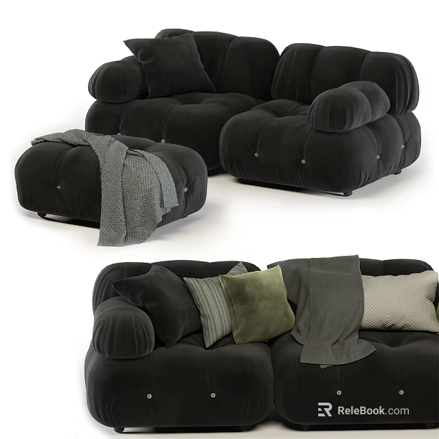 Soft Black Sectional Sofa With Plush Pillows Ottoman And Cozy Blanket 3d model 