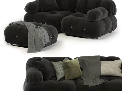 Soft Black Sectional Sofa With Plush Pillows Ottoman And Cozy Blanket 3d model