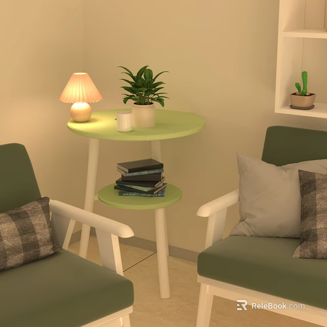 Green Round Coffee Table with Lamp Potted Plant Mug Stacked Books in Cozy Living Room 3d model 