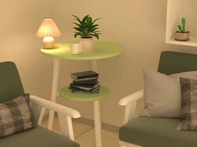 Green Round Coffee Table with Lamp Potted Plant Mug Stacked Books in Cozy Living Room 3d model
