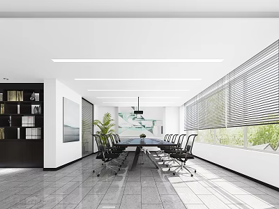 Spacious Modern Meeting Room With Large Windows Blinds Long Table Black Chairs And Green Plants 3d model
