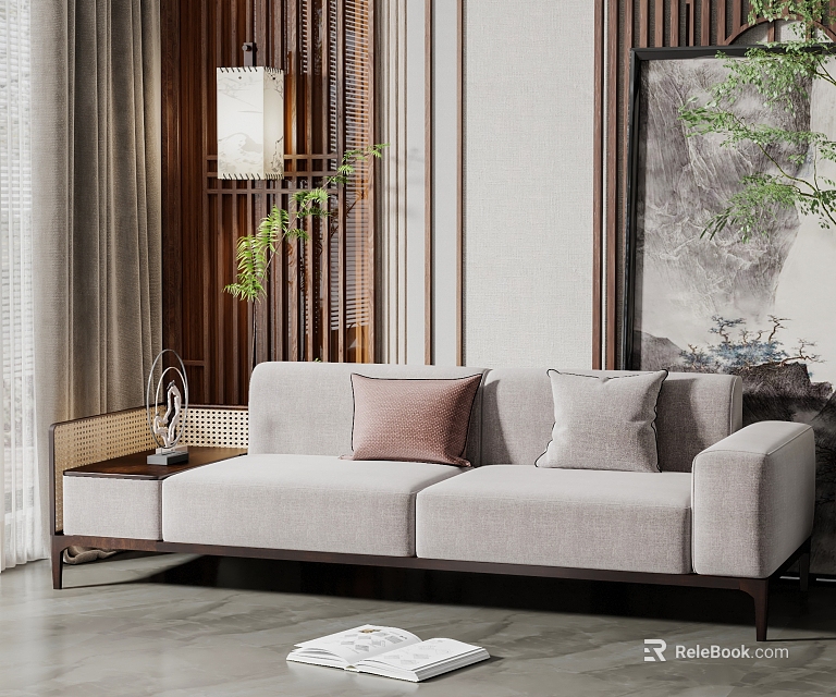 Light Gray Two Seater Sofa With Pillows In Chinese Modern Living Room With Wooden Screen 3d model 