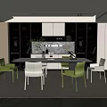 Modern Restaurant Interior With Dining Table Green Chairs Glass Cabinets And Decorative Items