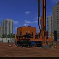 Industrial Drilling Rig At Construction Site With High Rise Buildings Traffic Cones And Blue Signage