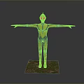 Game Movie Character in Blue Yellow Costume with Arms Outstretched Standing on Grass Textured Base