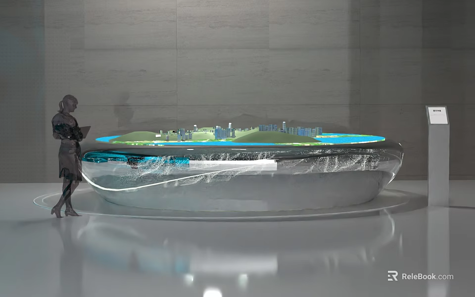 Art Installation Circular Reflective Design With Detailed City Model In Indoor Space With Person Observing 3d model 