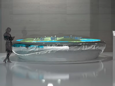 Art Installation Circular Reflective Design With Detailed City Model In Indoor Space With Person Observing 3d model