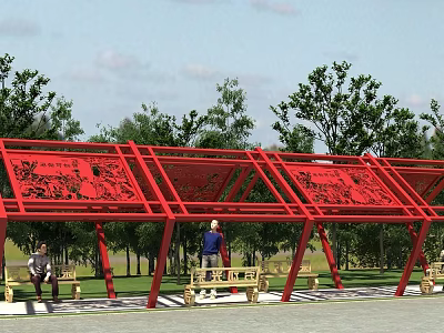 Red Pergola with Intricate Cutout Design and Benches Where People Relax Among Green Trees 3d model