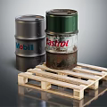 Industrial Equipment Featuring Mobil And Castrol Oil Drums On Wooden Pallet