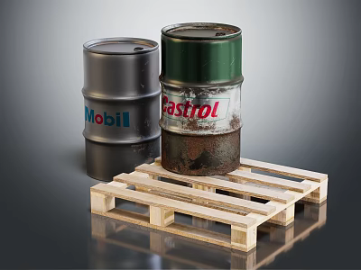 Industrial Equipment Featuring Mobil And Castrol Oil Drums On Wooden Pallet 3d model