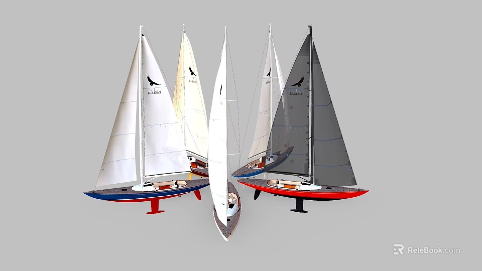 Colorful Sailboat Yacht Models With White Gray Sails And Red Blue Hulls 3d model 