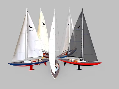 Colorful Sailboat Yacht Models With White Gray Sails And Red Blue Hulls 3d model