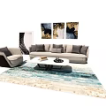 Modern Sofa and Coffee Table Set with Armchair Wall Art and Colorful Rug