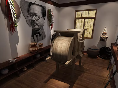 Traditional Handicraft Display With Wooden Tool Hanging Portrait Clay Pots Lattice Window And Wood Floor 3d model