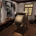 Traditional Handicraft Display With Wooden Tool Hanging Portrait Clay Pots Lattice Window And Wood Floor