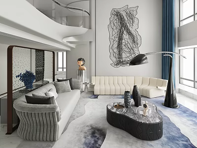 Duplex Living Room Interior Featuring Gray Sofa Beige Sofa Black Art Installation and Floor Lamp 3d model