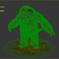 Game Movie Character Red Furry Monster With Horns And Tusks Standing On Green Grass