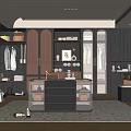 Elegant Modern Walk in Closet Interior With Dark Cabinets Central Island And Wooden Racks