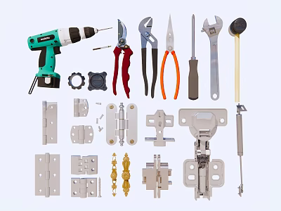 Essential Hardware Tools Including Electric Drill Pliers Wrench Screwdriver Hinges And Screws 3d model