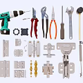 Essential Hardware Tools Including Electric Drill Pliers Wrench Screwdriver Hinges And Screws 3d model
