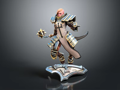 Armored Warrior Character In Blue Gold Armor With Golden Star Weapon And Creature Winged Base 3d model