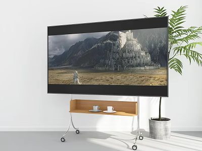 Large Smart TV Showing Mountain Landscape On Wooden Stand With Green Plant Nearby 3d model