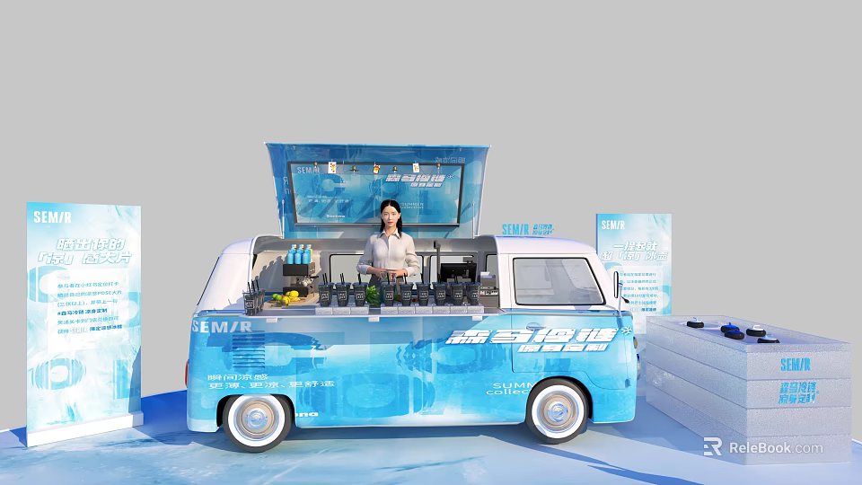 Attractive Photo Spot With Blue White Food Truck Open Top Drinks And Blue Backdrops 3d model 