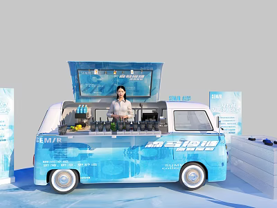 Attractive Photo Spot With Blue White Food Truck Open Top Drinks And Blue Backdrops 3d model