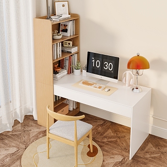 Modern Cream Style Book Table and Chair Combination Bookcase Table Computer Table and Chair Study Table and Chair Display Decoration Green Plant Books 3d model