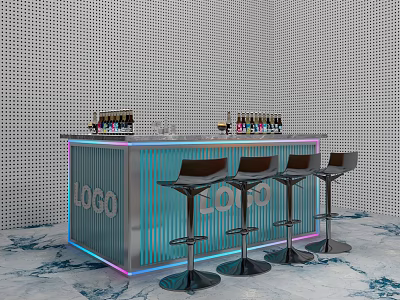 Bar Counter With LOGO LED Lighting Bar Stools Wine Bottles Glasses Hole Wall Marble Floor 3d model