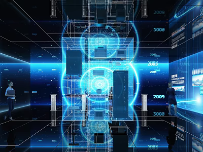 Futuristic Technology Exhibition Hall With Holographic Data Display And Interactive Digital Interface For People Engaging 3d model