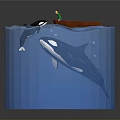 Orca and Whale Swimming in Blue Cylinder Tank with Red Boat on Water Surface