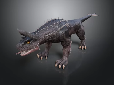 3D Fantasy Dinosaur Model With Black Skin Spikes Horns Sharp Teeth And Claws 3d model