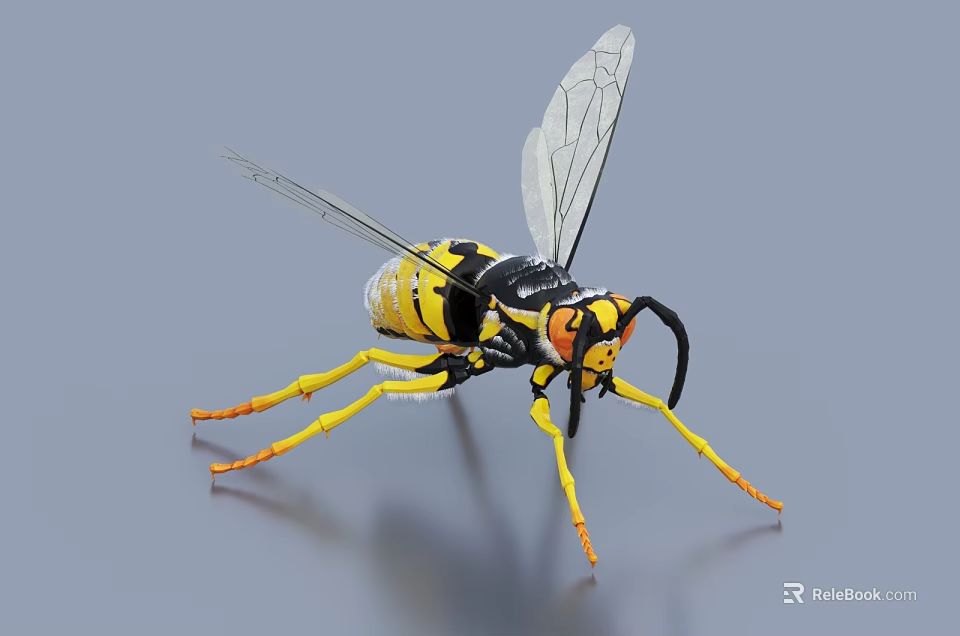 Detailed Flying Wasp with Yellow Black Body Transparent Wings Orange Legs and Black Antennae 3d model 