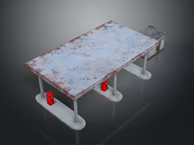 Rusty Metal Table With Gray Tabletop Rusty Edges White Pillars And Red Bases 3d model