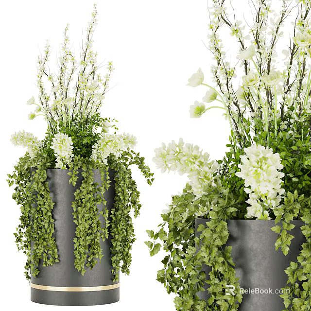 Beautiful Potted Plants With White Flowers And Green Vines In Gray Containers For Home Decor 3d model 