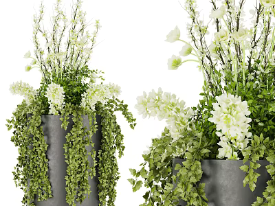 Beautiful Potted Plants With White Flowers And Green Vines In Gray Containers For Home Decor 3d model