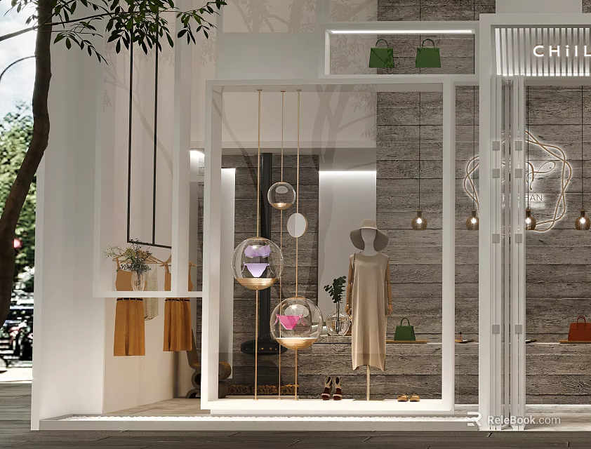 Elegant Clothing Store Window Display With Stylish Mannequin Hanging Lights And Decorative Plants 3d model 