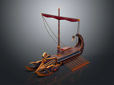 Ancient Ornate Warship With Red Sail Dragon Shaped Prow And Rowing Oars 3d model