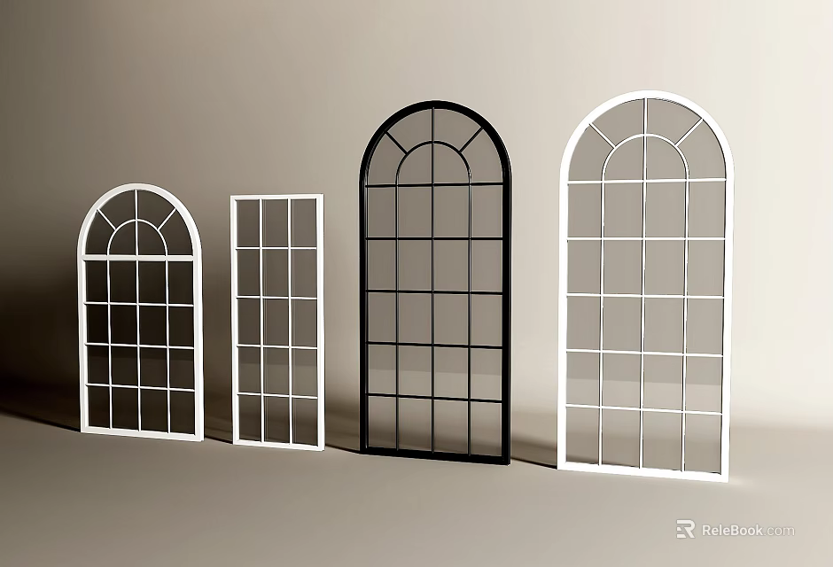 Modern French Windows With Arch Rectangular Shapes Grid Design And Black White Frames 3d model 