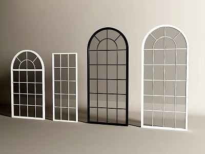 Modern French Windows With Arch Rectangular Shapes Grid Design And Black White Frames 3d model