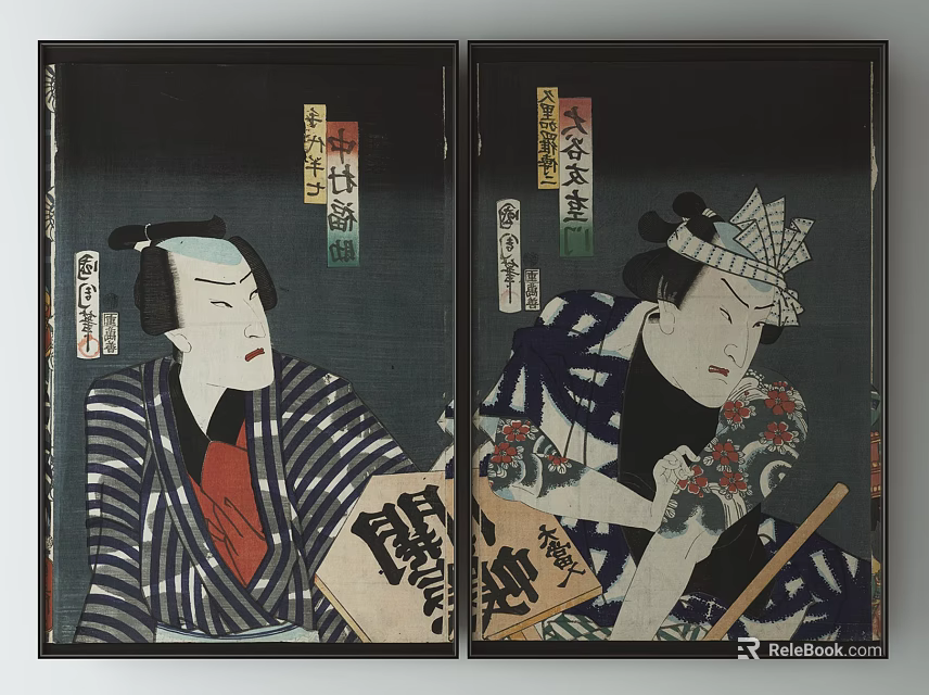 Traditional Japanese Ukiyo e Woodblock Prints With Kabuki Figures In Attire 3d model 